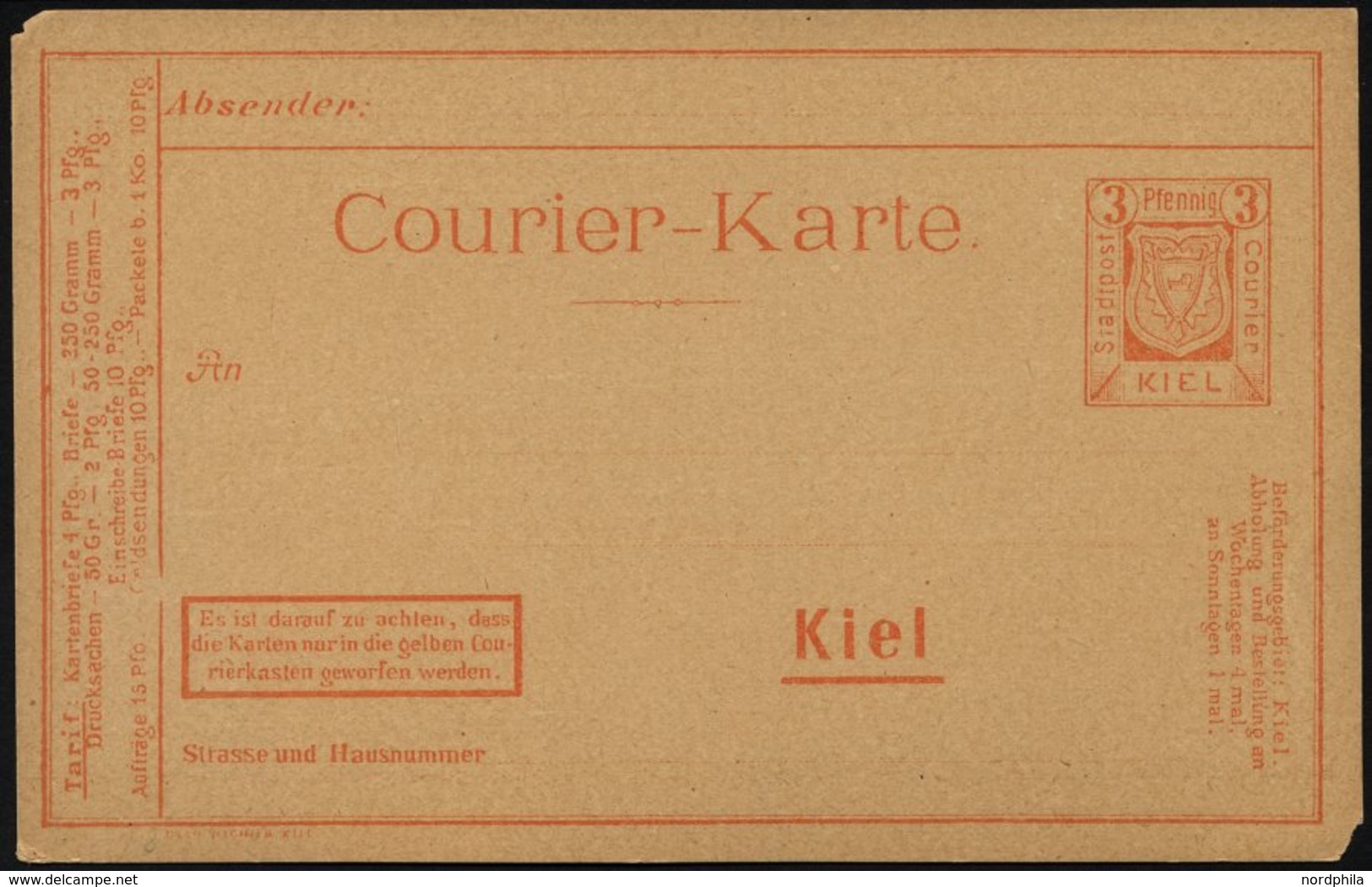 KIEL A P 20 BRIEF, COURIER: 1899, 3 Pf. Orange Einschreib-Briefe 10 Pf., Ungebraucht, Karte Feinst - Correos Privados & Locales