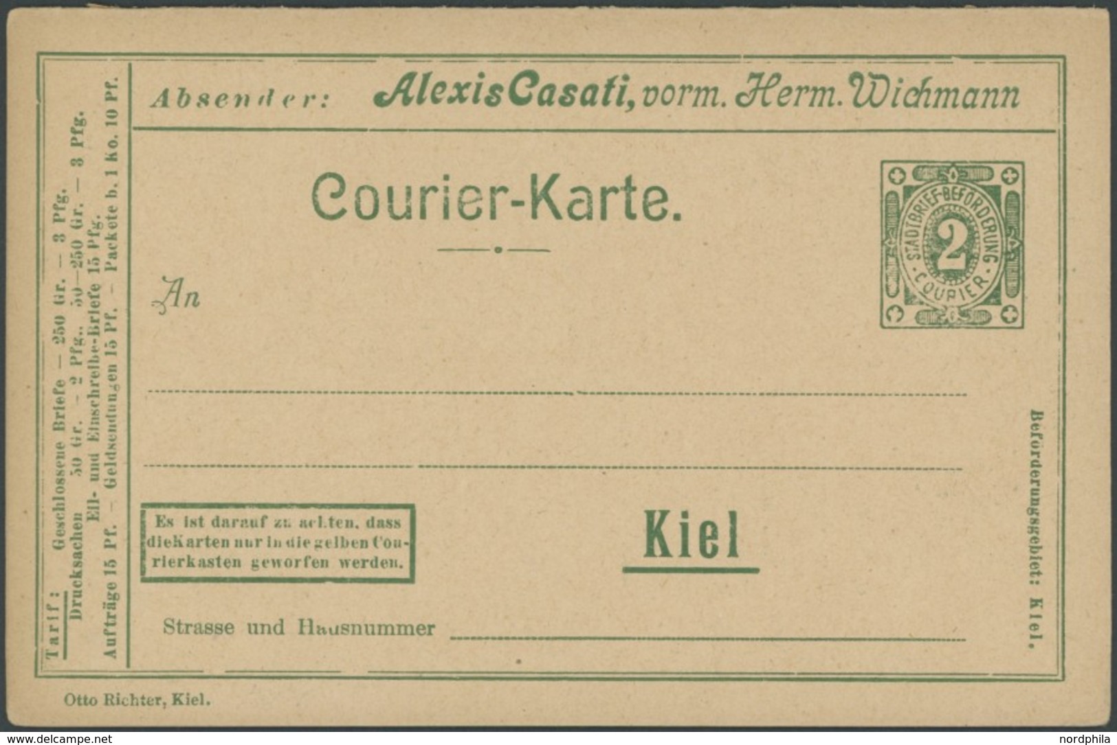KIEL A PP 3 BRIEF, COURIER: 1898, Privatkarte 2/0 Pf. Orange A. Casati, Ungebraucht, Pracht - Correos Privados & Locales