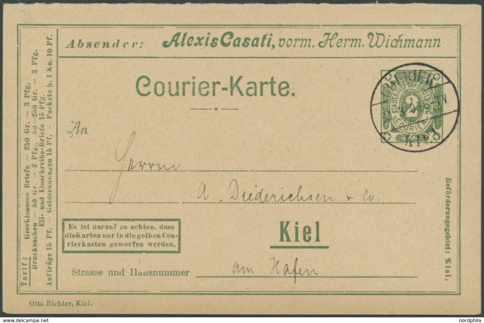 KIEL A PP 3F BRIEF, COURIER: 1900, Privatkarte 2/0 Pf. Orange A. Casati, Frageteil, Stempel 31.3.00, Pracht - Private & Lokale Post