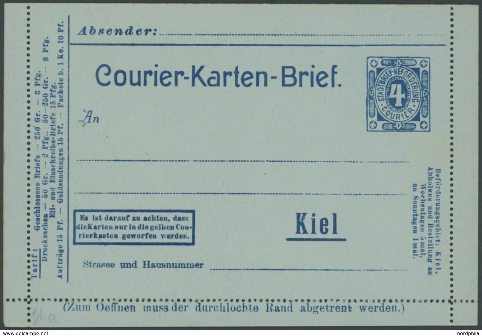 KIEL A K 4b BRIEF, COURIER: 1897, 4 Pf. Grüngraublau Kartenbrief, Ungebraucht, Pracht - Correos Privados & Locales