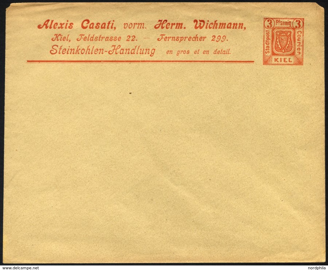 KIEL A PU 3 BRIEF, 1899, Privatumschlag 3 Pf. Orange, Ungebraucht, Feinst - Private & Local Mails