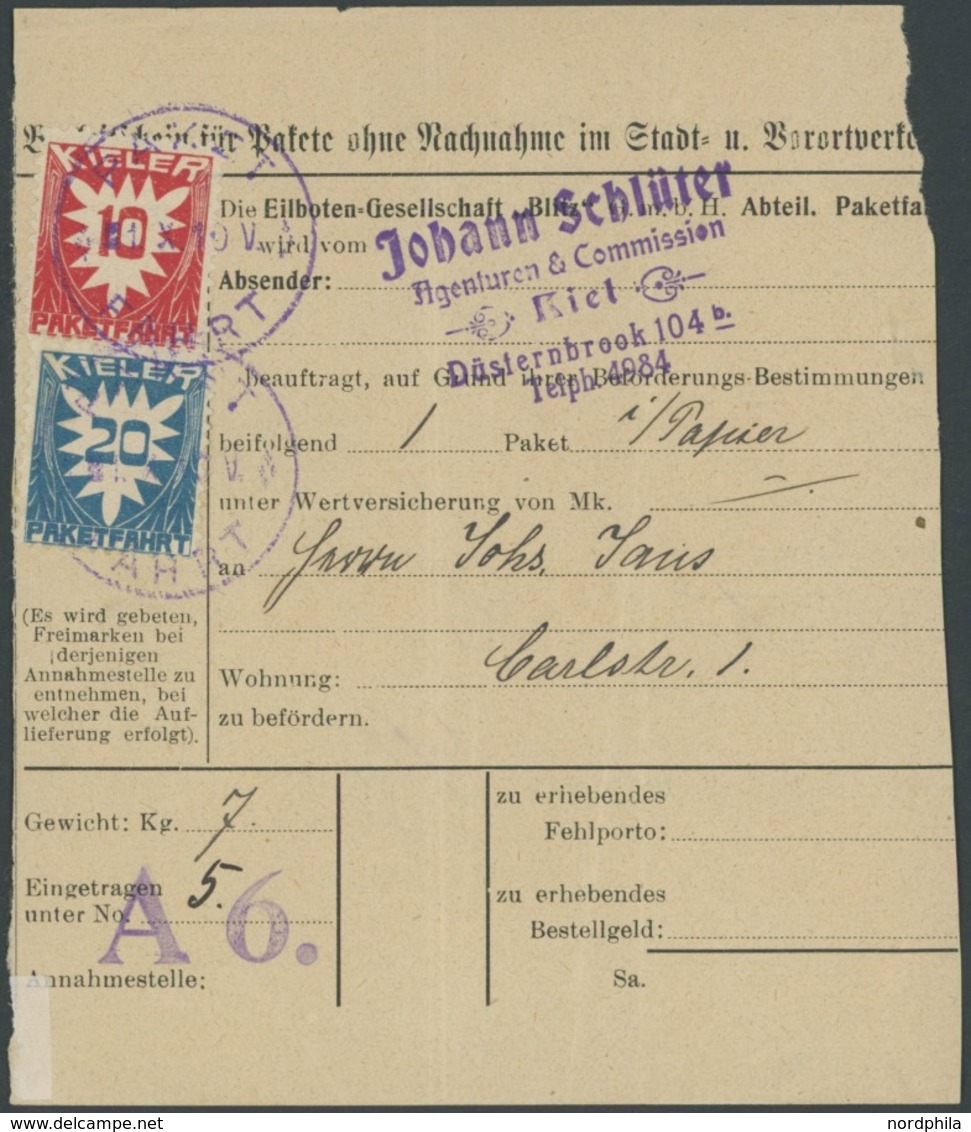 KIEL C 2/3 BRIEF, PAKETFAHRT: 1909, 10 Und 20 Pf. Ziffer Auf Paketbegleitschein, Pracht, RR! - Private & Lokale Post