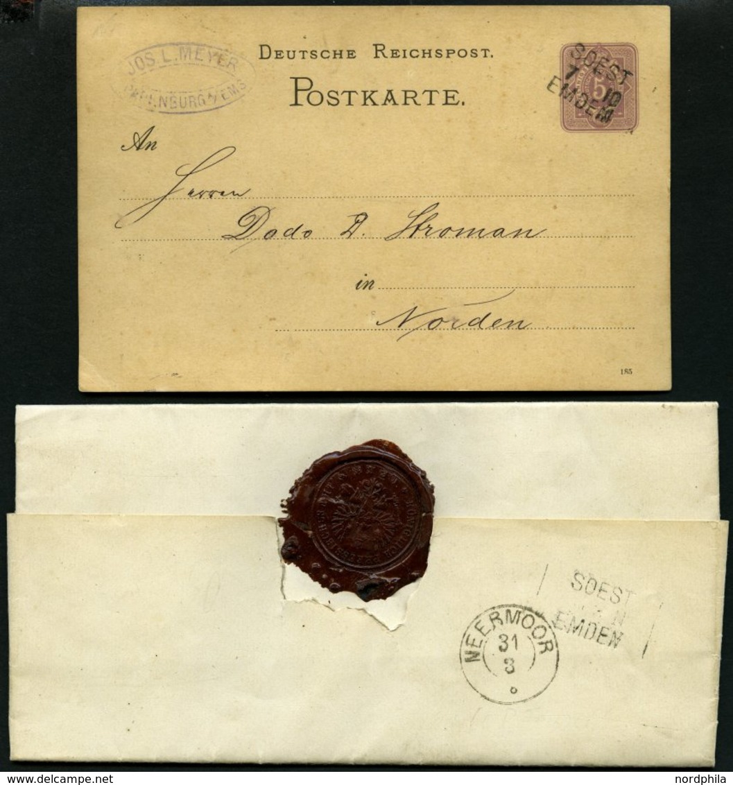 BAHNPOST Soest-Emden, L3 Auf 5 Pf. Ganzsachenkarte Von 1885 Und Als Ankunftsstempel Auf Brief Von 1872, Vorderseitig Han - Máquinas Franqueo (EMA)