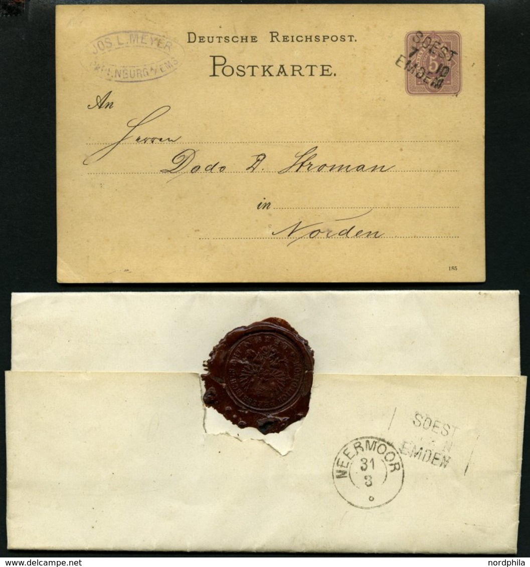 BAHNPOST Soest-Emden, L3 Auf 5 Pf. Ganzsachenkarte Von 1885 Und Als Ankunftsstempel Auf Brief Von 1872, Vorderseitig Han - Franking Machines (EMA)