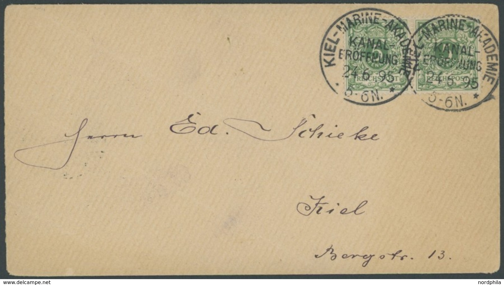SST Bis 1918 02/3 BRIEF, KIEL-MARINE-AKADEMIE, KANALERÖFFNUNG, 24.6.1895, Auf Ortsbrief Mit Waagerechtem Paar 5 Pf. Grün - Cartas & Documentos