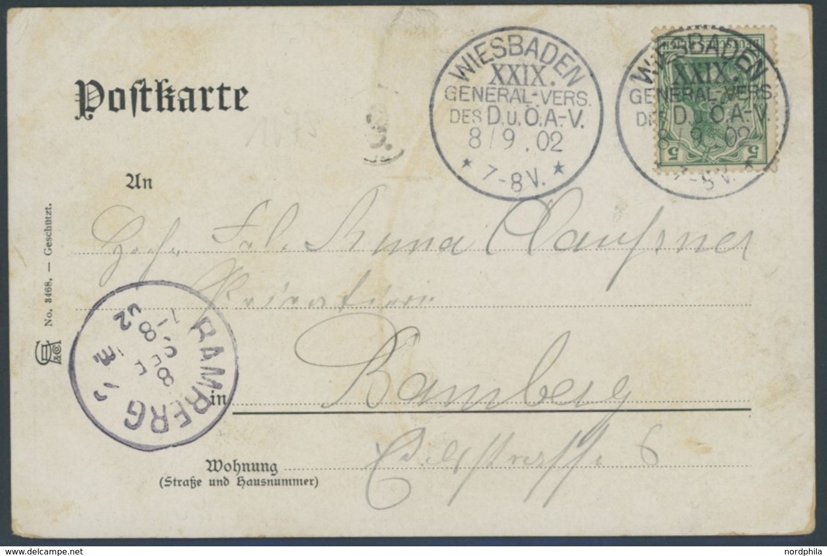 SST Bis 1918 04 BRIEF, WIESBADEN XXIX. GENERAL-VERS. DES D.u.Ö.A.-V., 8.9.1902, Auf Festtagskarte, Feinst - Cartas & Documentos