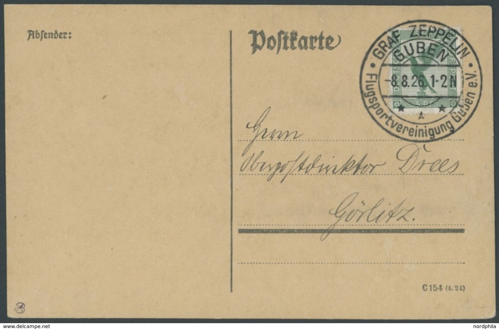 SST 1919-1932 GUBEN GRAF ZEPPELIN FLUGSPORTVEREINIGUNG, 8.8.1926, Leer Gestempelte Karte (mit Teil-Anschrift), Pracht - Covers & Documents