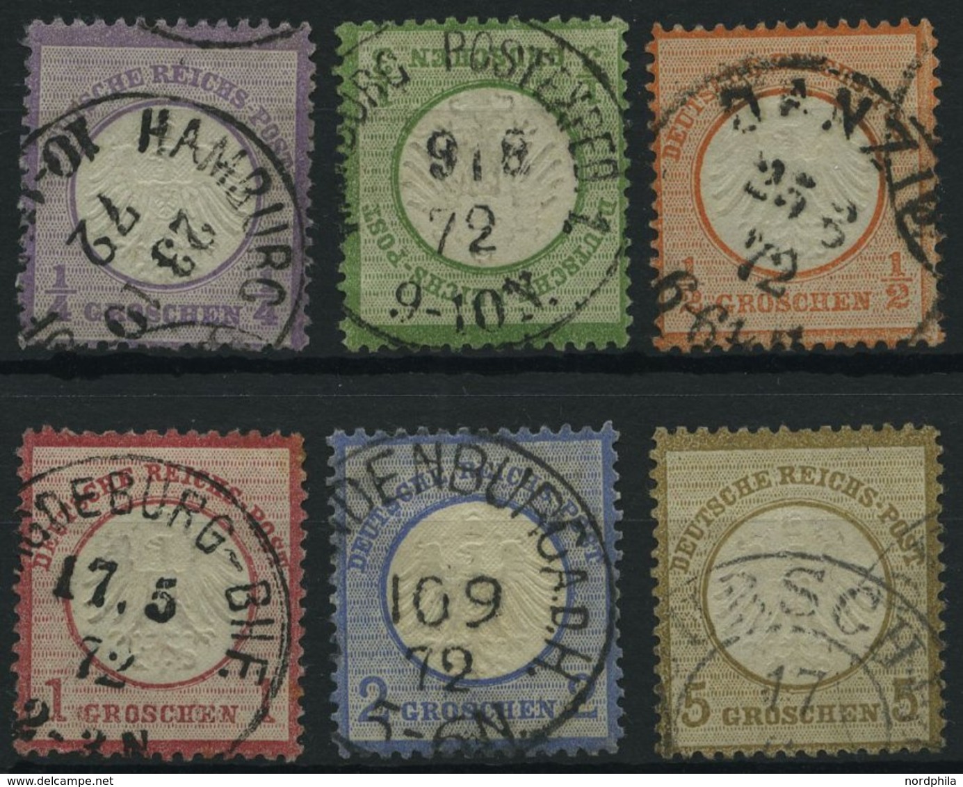 Dt. Reich 1-6 O, 1872, 1/4 - 5 Gr. Kleine Brustschilde, 6 Prachtwerte, Mi. 375.- - Used Stamps