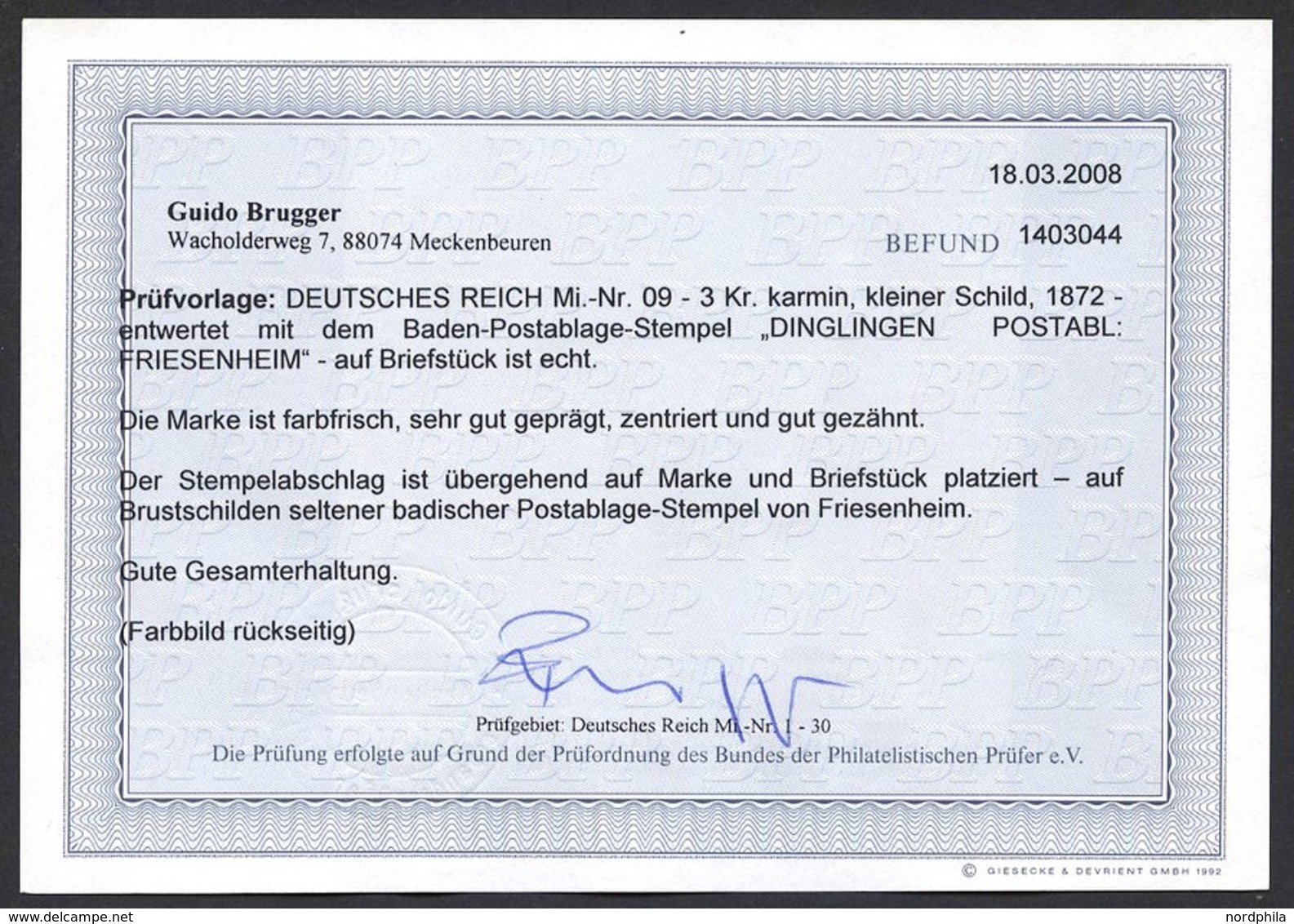 Dt. Reich 9 BrfStk, 1872, 3 Kr. Karmin, Postablagestempel DINGLINGEN/FRIESENHEIM, Prachtbriefstück, Fotobefund Brügger - Used Stamps