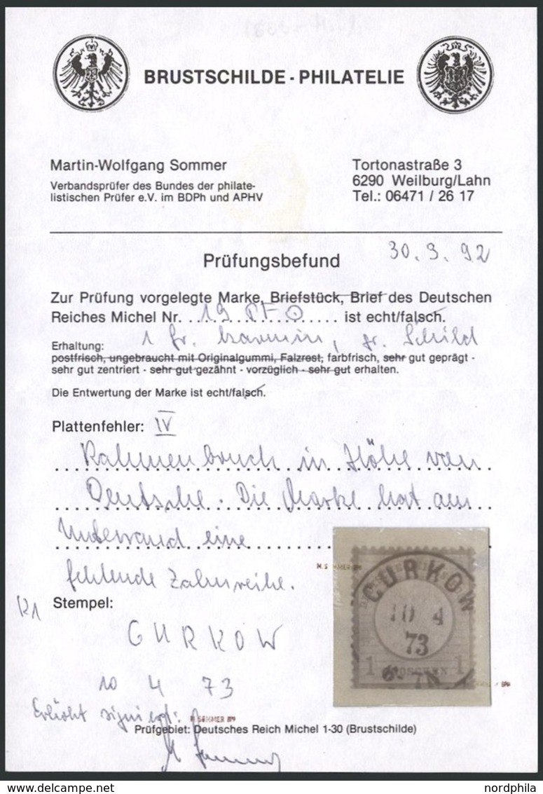 Dt. Reich 19IV O, 1872, 1 Gr. Rotkarmin Mit Plattenfehler Rahmen Links Neben TS In Deutsche Gebrochen, Zentrischer K1 GU - Used Stamps