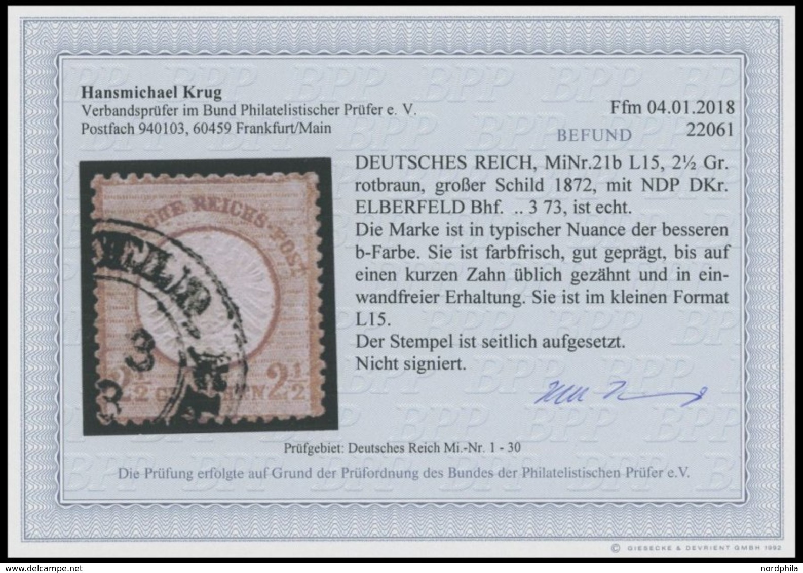 Dt. Reich 21b O, 1872, 21/2 Gr. Lilabraun, Kleines Format (L 15)!, K2 ELBERFELD Bhf., Ein Kurzer Zahn, Sonst üblich Gezä - Used Stamps