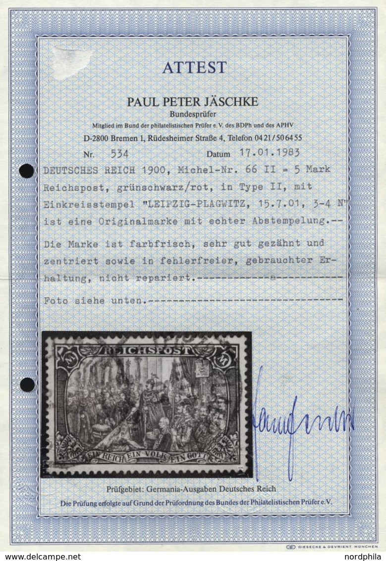 Dt. Reich 66II O, 1900, 5 M. Reichspost, Type II, Pracht, Fotoattest Jäschke, Mi. 500.- - Gebraucht