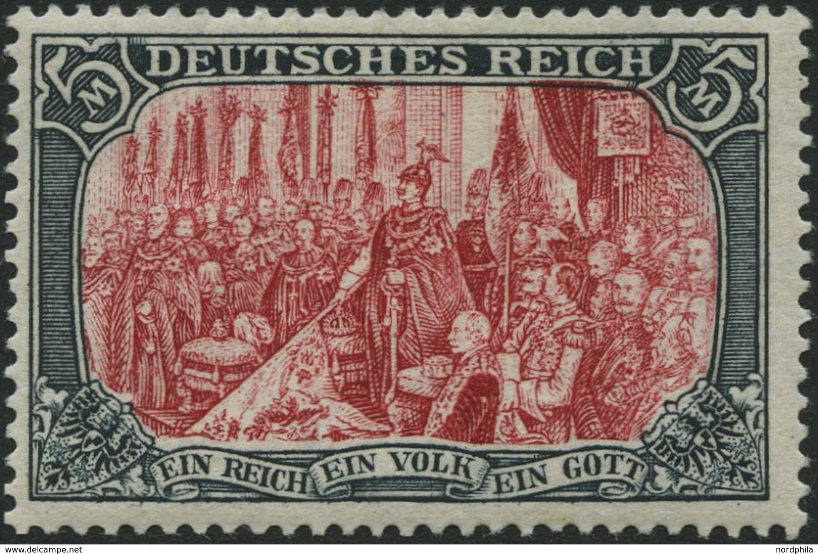 Dt. Reich 81Ab *, 1902, 5 M. Grünschwarz/dunkelkarmin, Karmin Quarzend, Gezähnt A, Ohne Wz., Falzrest, Pracht, Mi. 350.- - Usados