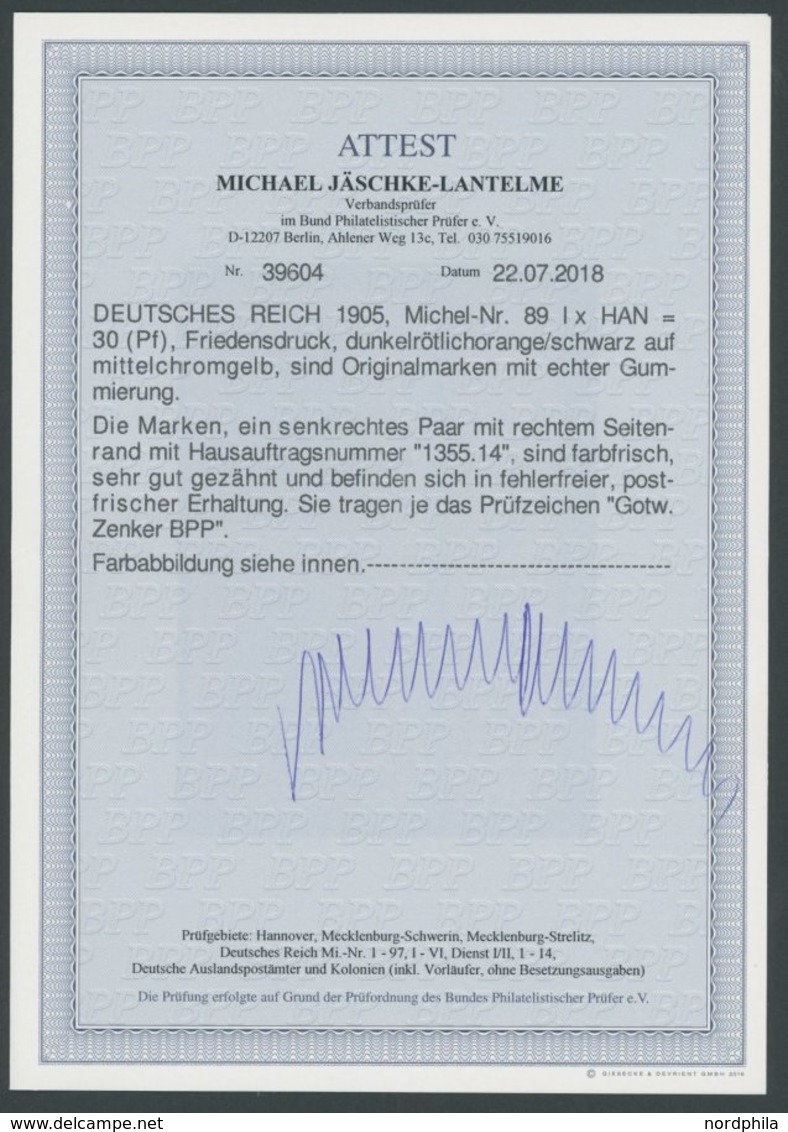 Dt. Reich 89Ix HAN **, 1905, 30 Pf. Rötlichorange/schwarz Auf Chromgelb Friedensdruck Im Senkrechten Paar Mit HAN H 1355 - Usados