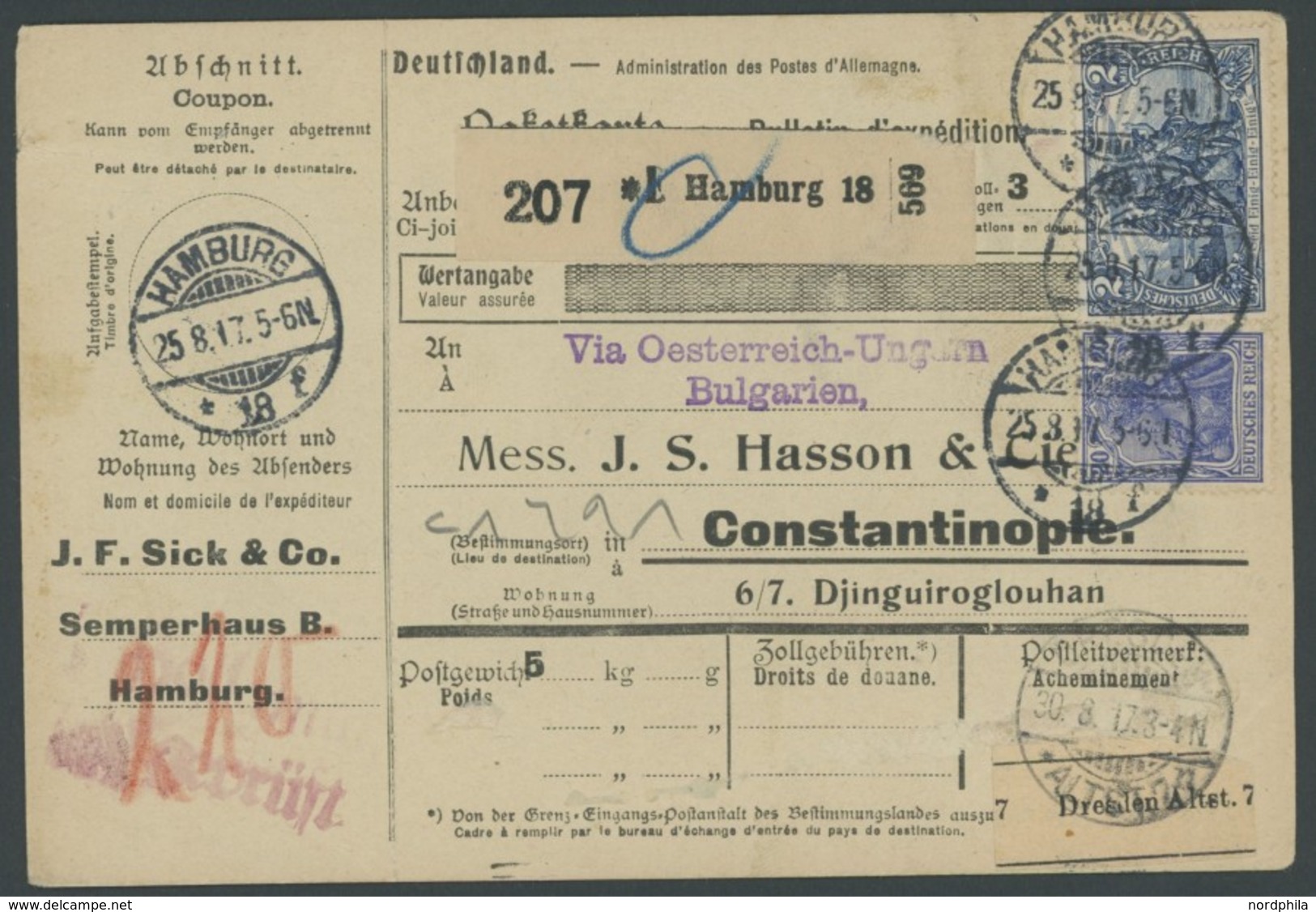 Dt. Reich 95AI,87II BRIEF, 1917, 2 M. Schwärzlichblau Friedensdruck Und 20 Pf. Blau Kriegsdruck Auf Vollständiger Paketk - Used Stamps