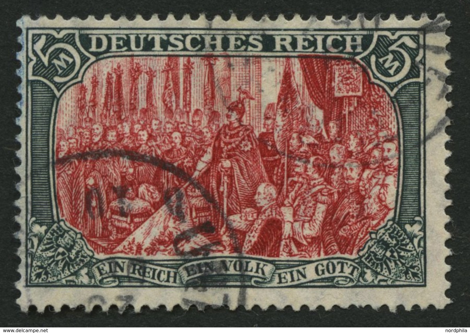 Dt. Reich 97AIa O, 1906, 5 M. Friedensdruck, Gelblichrot Quarzend, üblich Gezähnt Pracht, Gepr. Jäschke, Mi. 220.- - Usados