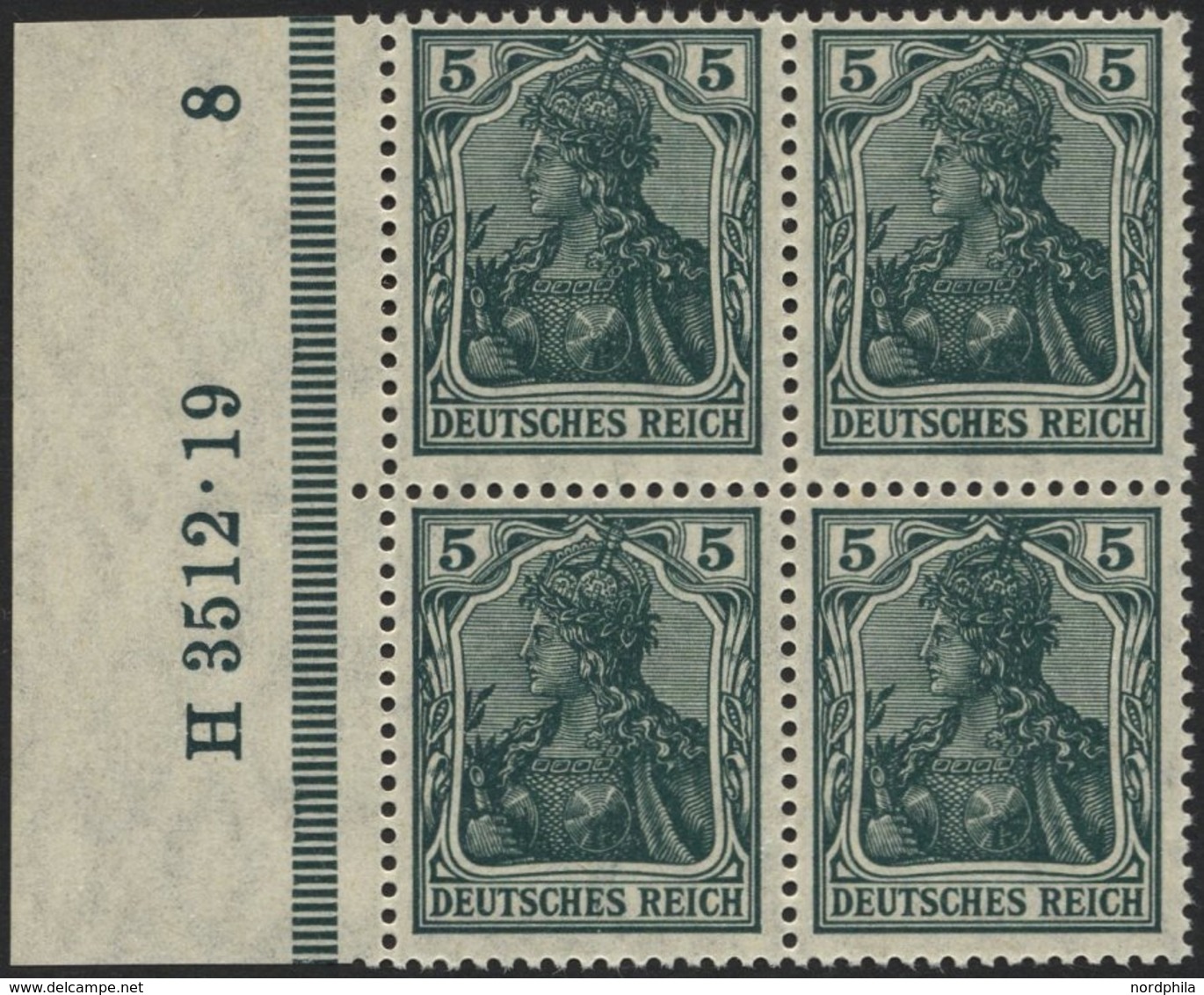 Dt. Reich 85IIe VB **, 1918, 5 Pf. Schwarzopalgrün Kriegsdruck Im Randviererblock Mit HAN H 3512.19, Pracht, Gepr. Jäsch - Used Stamps