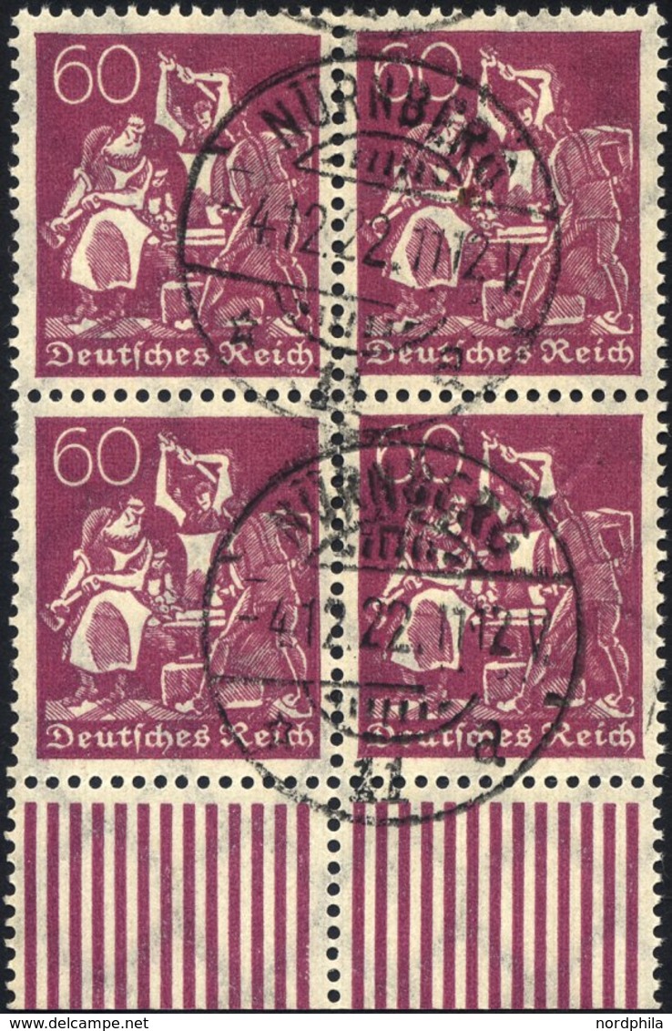 Dt. Reich 184 VB O, 1922, 60 Pf. Schwärzlichrosalila, Wz. 2, Im Viererblock Vom Unterrand, Pracht, Gepr. Infla - Usados