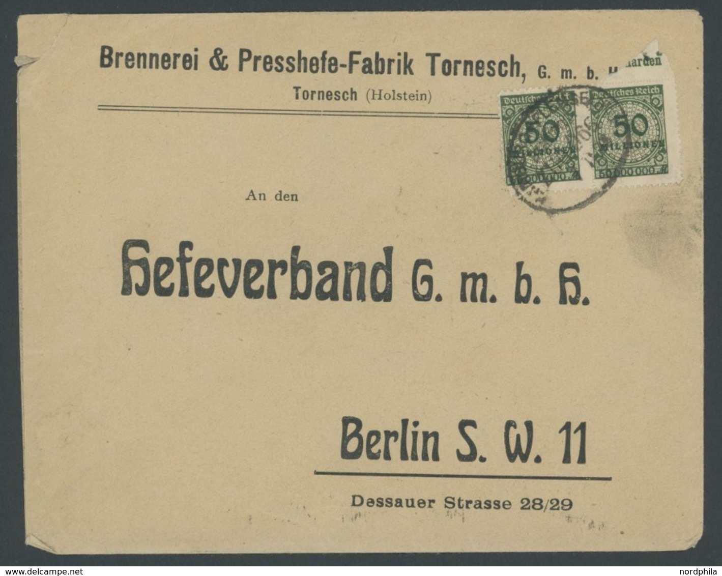 Dt. Reich 321B BRIEF, 1923, 50 Mio.M. Schwärzlicholivgrün, Durchstochen, 28x Als Mehrfachfrankatur Auf Brief Aus TORNESC - Gebraucht