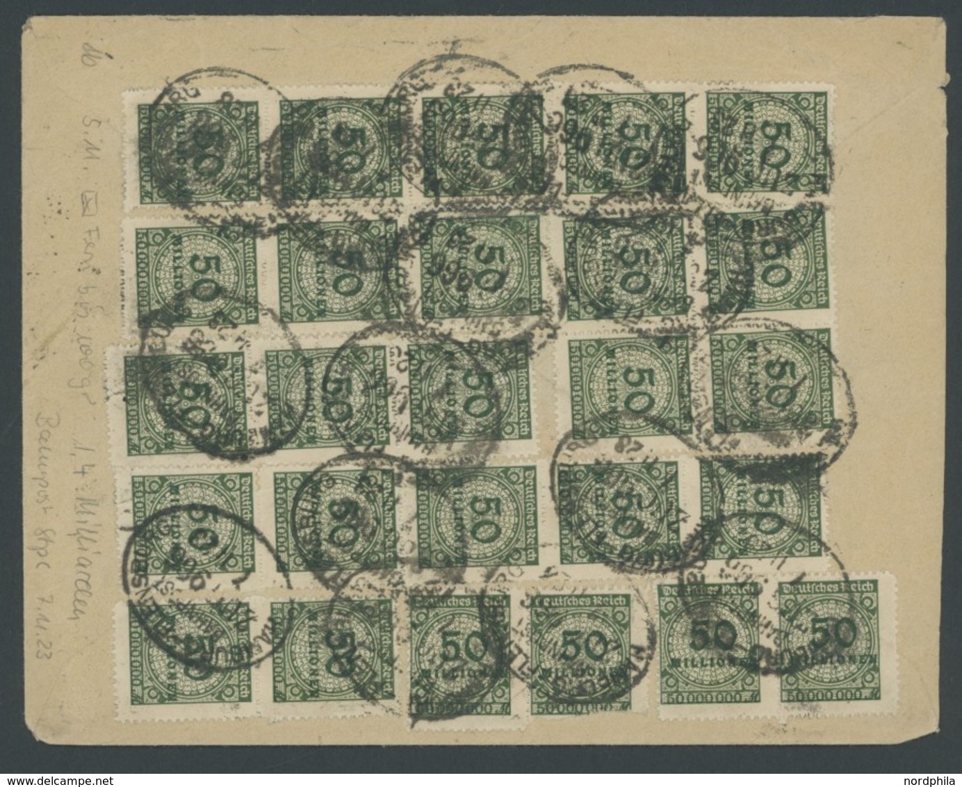 Dt. Reich 321B BRIEF, 1923, 50 Mio.M. Schwärzlicholivgrün, Durchstochen, 28x Als Mehrfachfrankatur Auf Brief Aus TORNESC - Usados