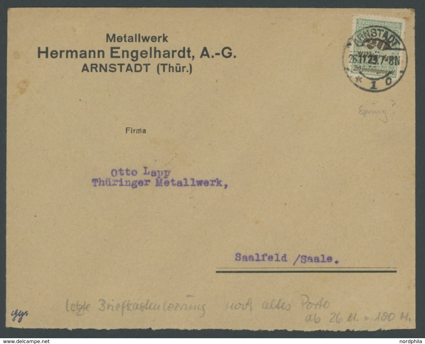 Dt. Reich 329AW BRIEF, 26.11.1923, 20 Mrd.M. Opalgrün/schwarzockerbraun, Gezähnt, Walzendruck, Einzelfrankatur (Briefkas - Gebruikt