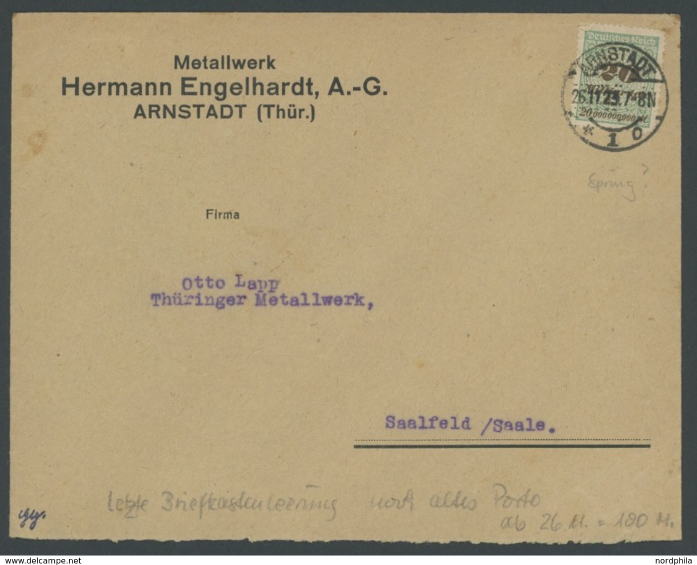 Dt. Reich 329AW BRIEF, 26.11.1923, 20 Mrd.M. Opalgrün/schwarzockerbraun, Gezähnt, Walzendruck, Einzelfrankatur (Briefkas - Usados