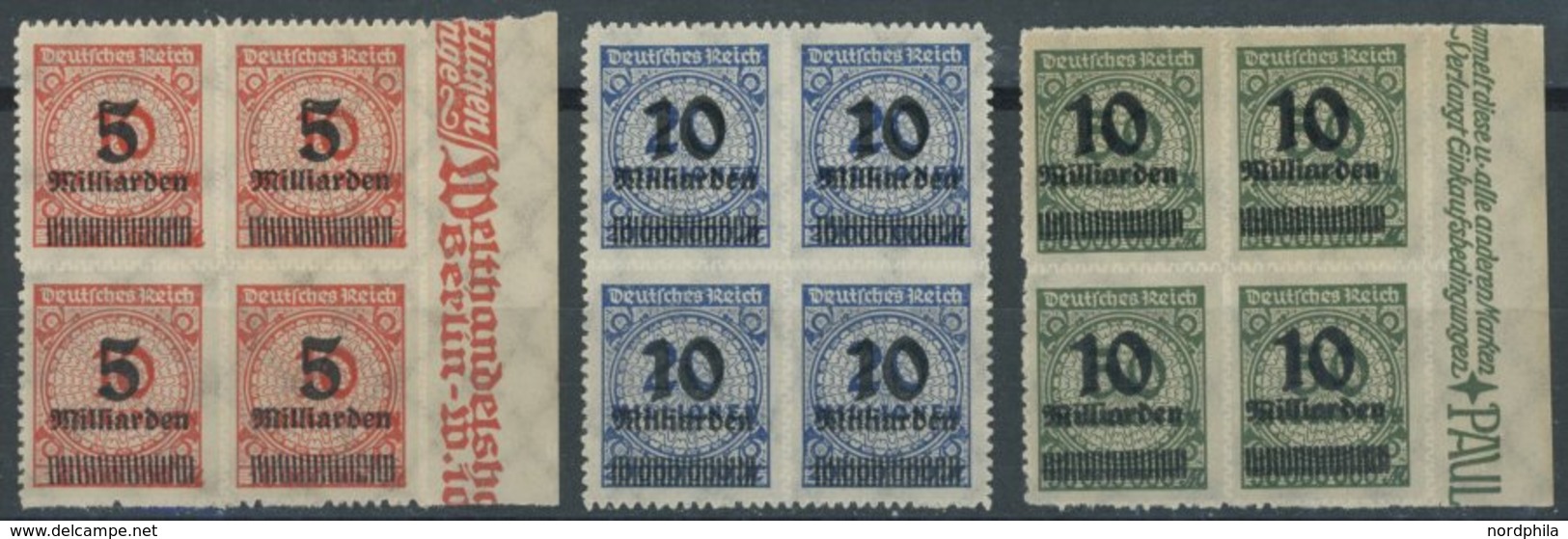 Dt. Reich 334-36B VB **, 1923, 5 Mrd. Auf 10 Mio. M. - 10 Mrd. Auf 50 Mio. M., Durchstochen, In Viererblocks, Postfrisch - Gebraucht