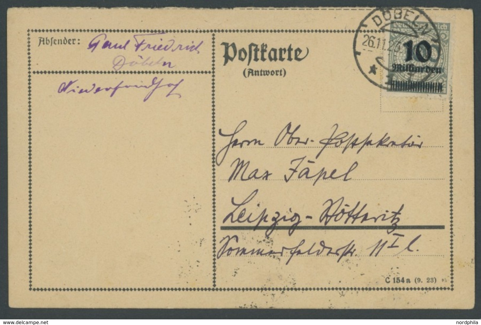 Dt. Reich 337 BRIEF, 26.11.1923, 10 Mrd. Auf 100 Mio.M. Dunkelgrüngrau, Einzelfrankatur Auf Postkarte Aus DÖBELN, Pracht - Gebruikt