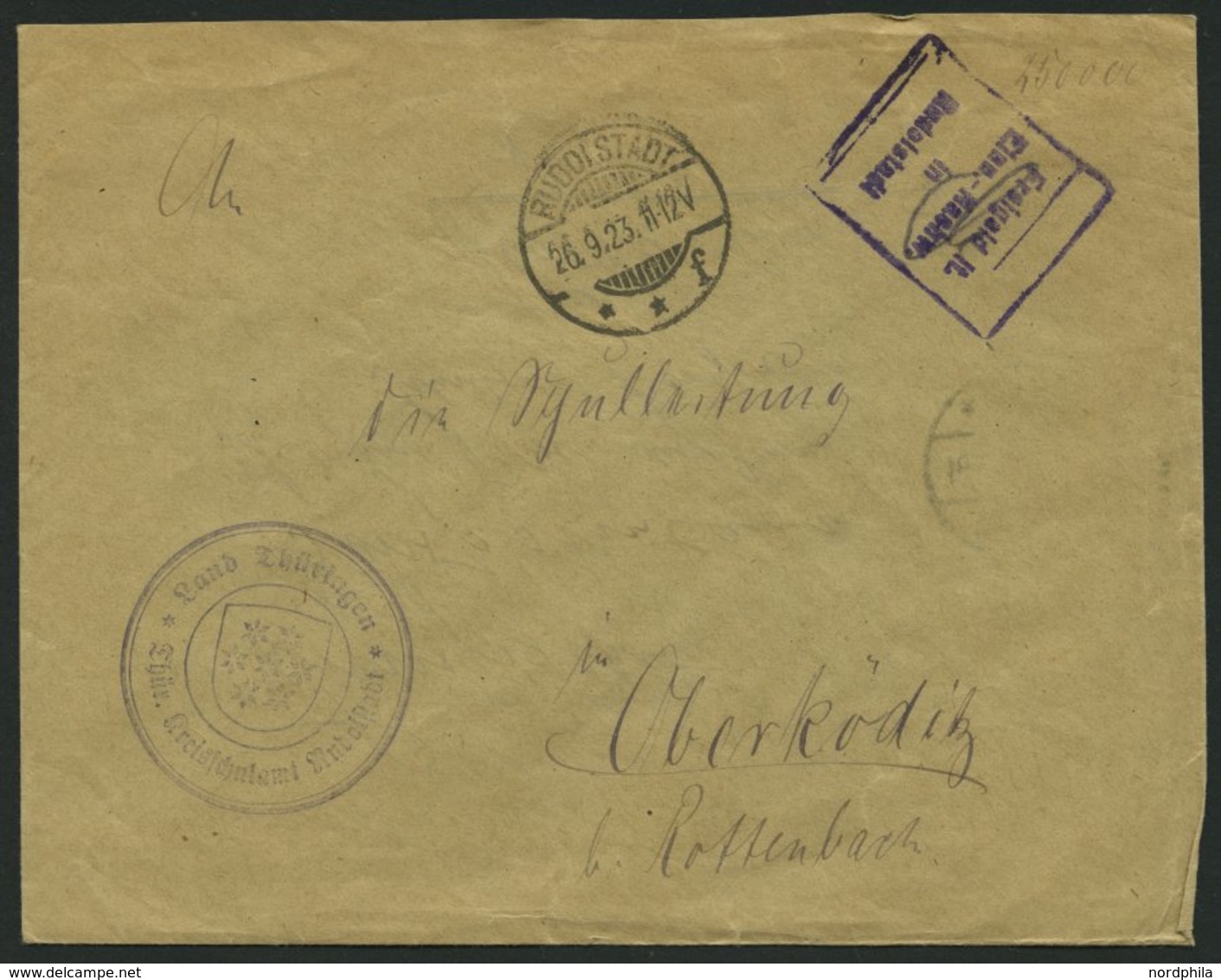 Dt. Reich Brief , 26.9.1923, Freigeld Lt. Einn.-Nachw. In Rudolstadt, R4 Und Handschriftlich 250000 Auf Brief Des Kreiss - Used Stamps