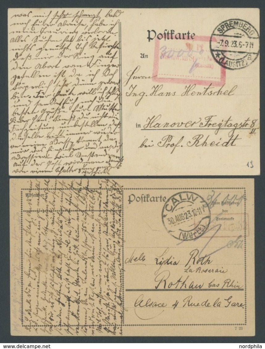 Dt. Reich 1923, 4 Postkarten Mit Verschiedenen Barfrankaturen, U.a. Nachverwendung In Spremberg, Pracht - Used Stamps