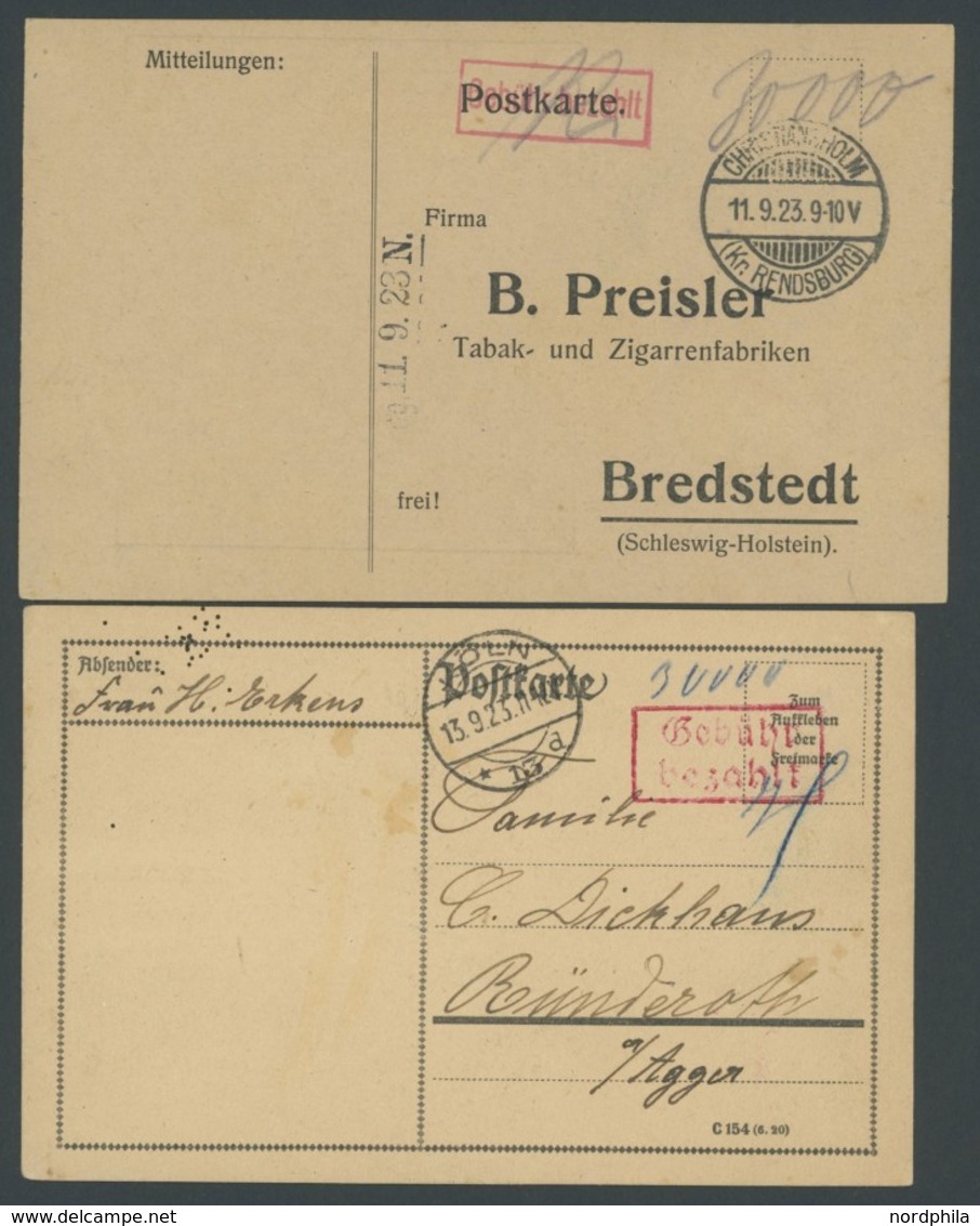 Dt. Reich 1923, 4 Postkarten Mit Verschiedenen Barfrankaturen, U.a. Nachverwendung In Spremberg, Pracht - Used Stamps