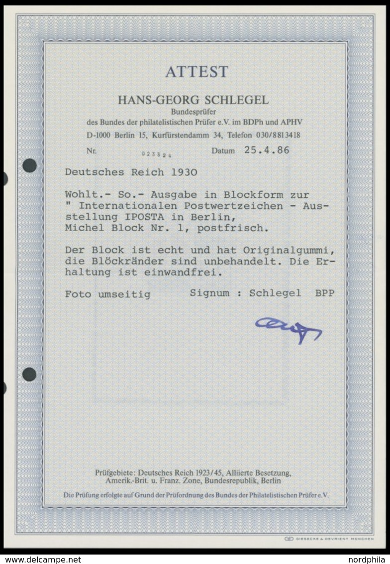 Dt. Reich Bl. 1 **, 1930, Block IPOSTA, Postfrisch, Signiert Und Fotoattest H.G. Schlegel: Die Erhaltung Ist Einwandfrei - Otros & Sin Clasificación