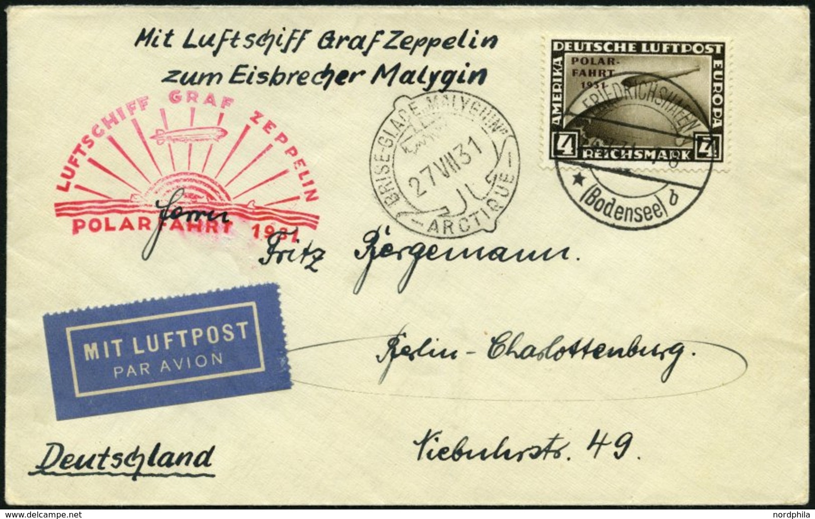 Dt. Reich 458 BRIEF, 1931, 4 RM Polarfahrt Auf Polarfahrtbrief Bis Malygin, Pracht - Otros & Sin Clasificación
