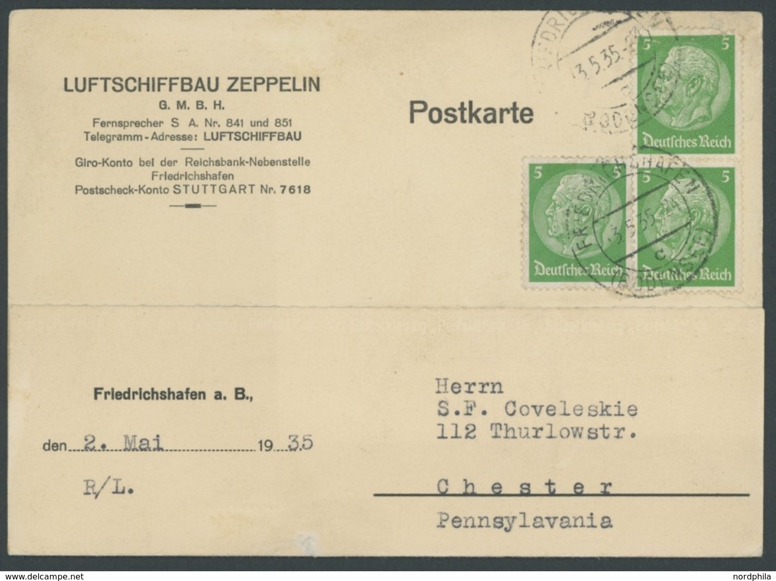Dt. Reich 468 BRIEF, 1935, 5 Pf. Hindenburg, 3x Auf Firmen-Postkarte Luftschiffbau Zeppelin In Die USA, Feinst - Otros & Sin Clasificación