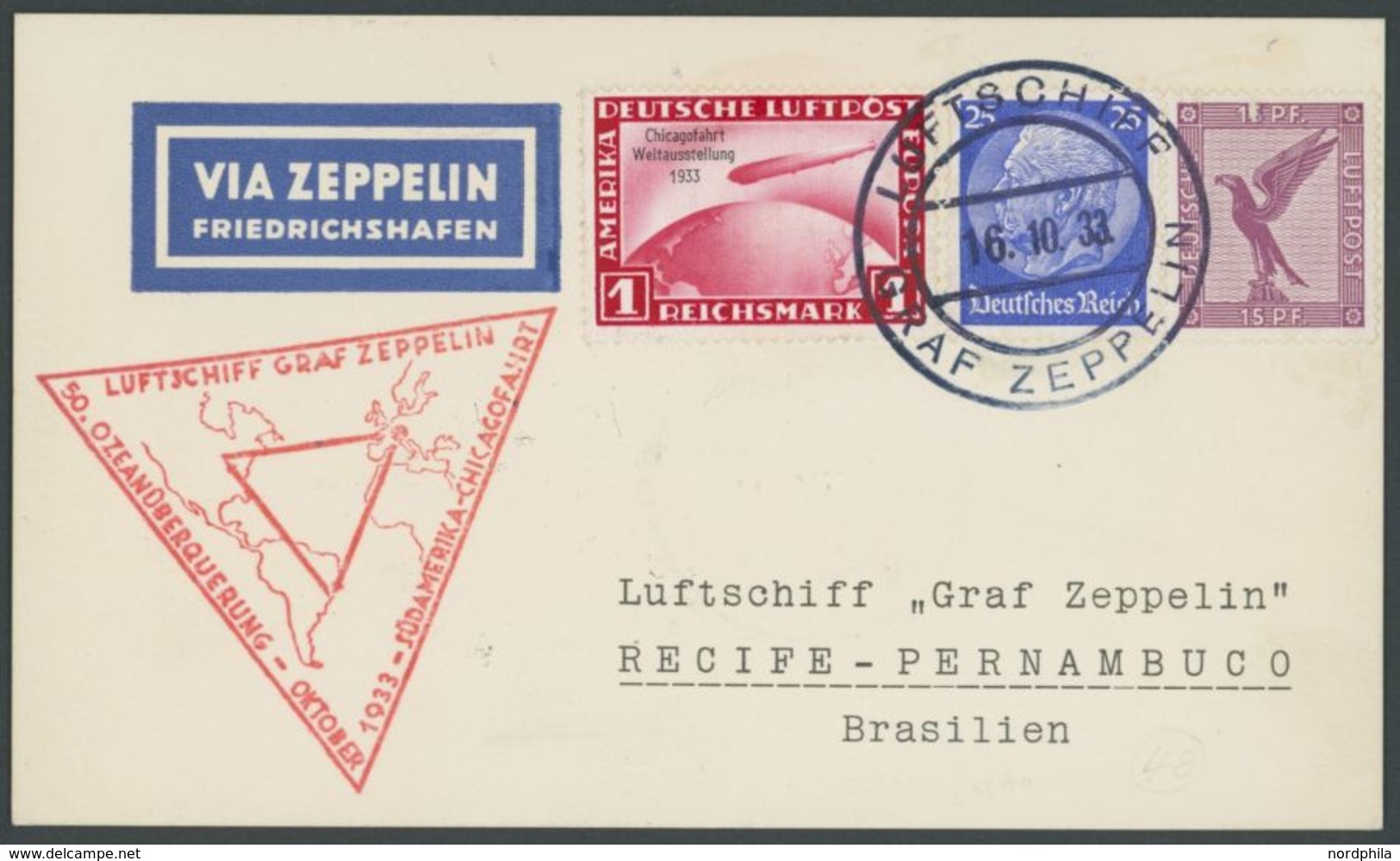 Dt. Reich 496 BRIEF, 1933, 1 RM Chicagofahrt Mit Zusatzfrankatur Auf Chicagofahrtkarte, Bordpost Bis Brasilien, Pracht - Other & Unclassified