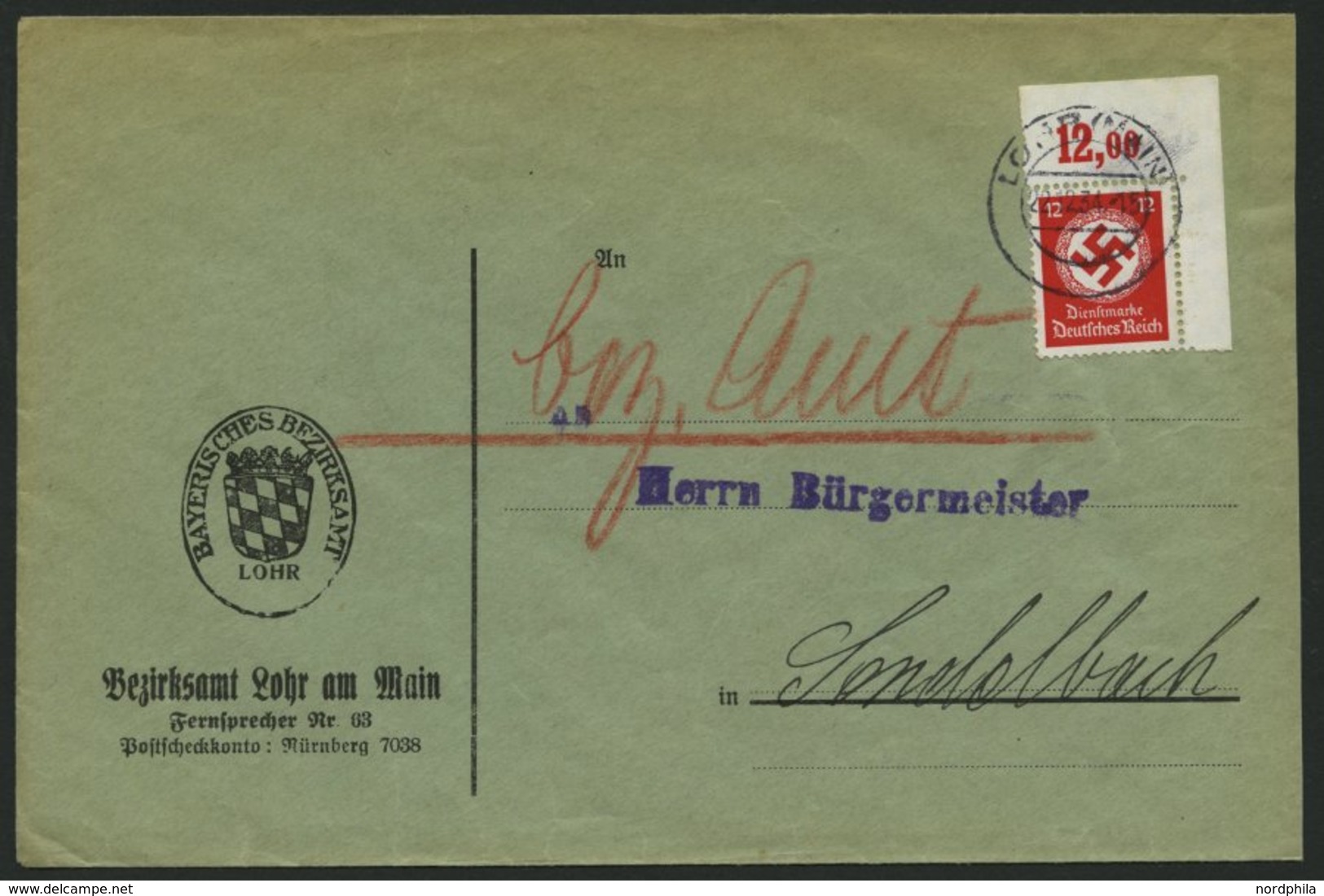 DIENSTMARKEN D 138aP BRIEF, 1934, 12 Pf. Schwarzrosa, Mit Wz., Plattendruck, Aus Der Rechten Oberen Bogenecke, Nicht Dur - Oficial