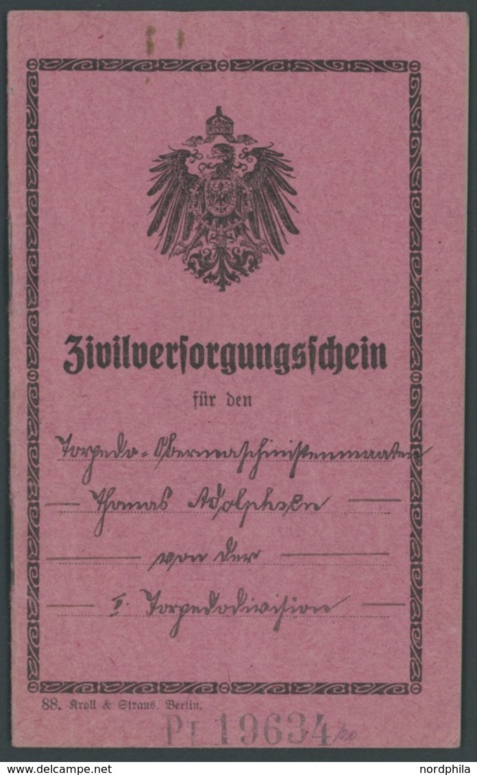 LOTS 1919/20, Zivilversorgungsscheinheft Des Versorgungsamtes Der Marinestation Der Ostsee Kiel, Mit Nachweis Für 12 Jah - Otros & Sin Clasificación
