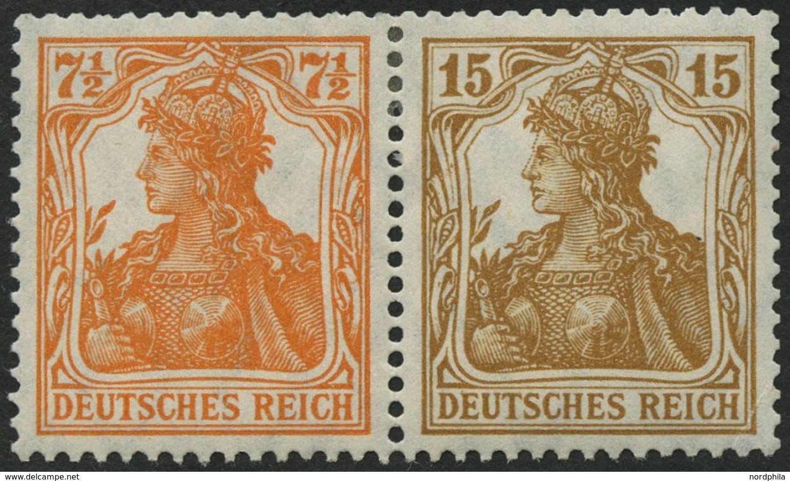 ZUSAMMENDRUCKE W 10ba *, 1916, Germania 71/2 + 15, Falzrest, Feinst (kleiner Eckbug), Mi. 300.- - Se-Tenant