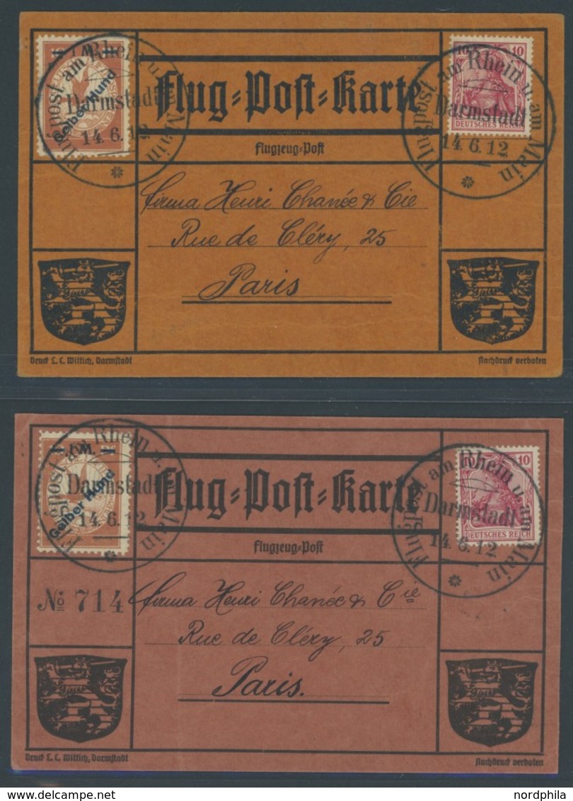 ZEPPELINPOST 10,13,13b BRIEF, 1912, Flp. Am Rhein Und Main, 3 Flugpostkarten, Alle An Gleiche Adresse In Paris, Mit Rote - Luchtpost & Zeppelin