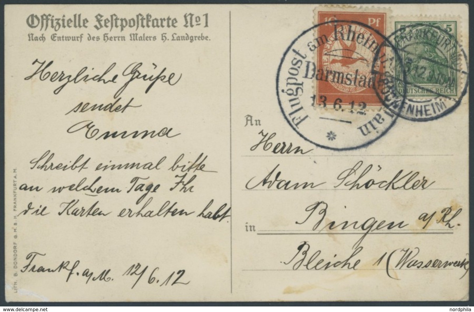 ZEPPELINPOST 10 BRIEF, 1912, 10 Pf. Flp. Am Rhein Und Main Auf Flugpostkarte (Deutsches Bundesschießen) Mit 5 Pf. Zusatz - Luft- Und Zeppelinpost