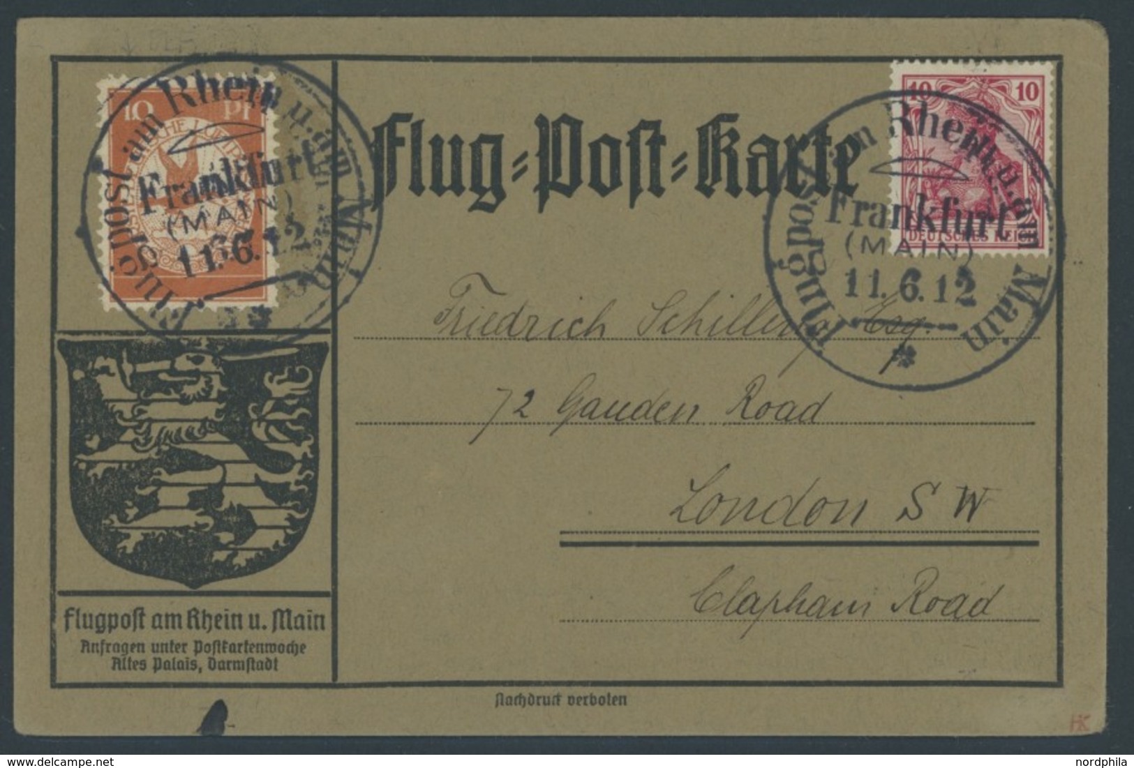 ZEPPELINPOST 10 BRIEF, 1912, 10 Pf. Flp. Am Rhein Und Main Auf Flugpostkarte Mit 10 Pf. Zusatzfrankatur, Sonderstempel F - Airmail & Zeppelin