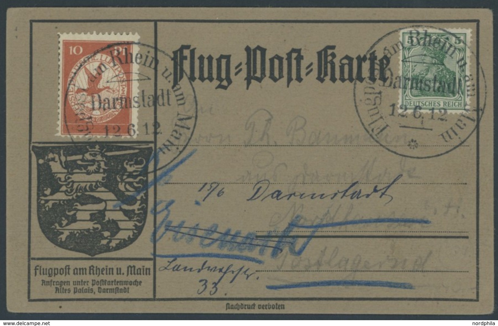 ZEPPELINPOST 10 BRIEF, 1912, 10 Pf. Flp. Am Rhein Und Main Auf Flugpostkarte Mit 5 Pf. Zusatzfrankatur, Sonderstempel Da - Luchtpost & Zeppelin