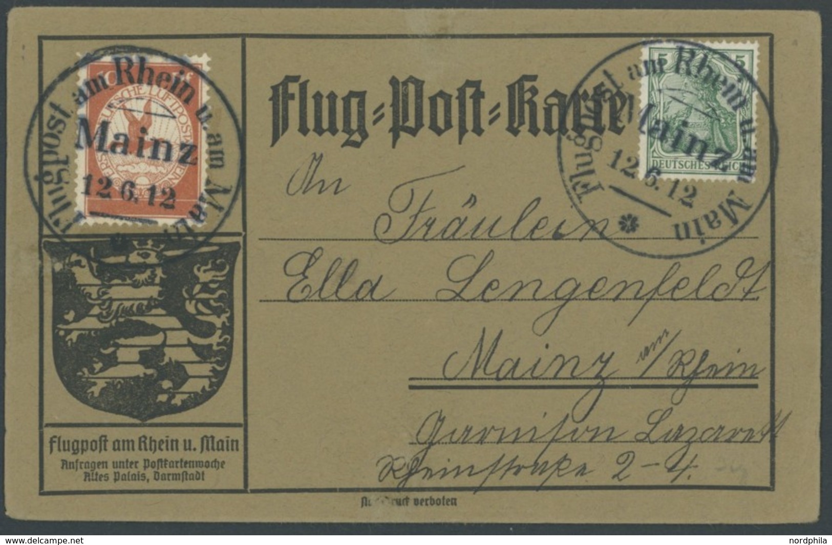 ZEPPELINPOST 10 BRIEF, 1912, 10 Pf. Flp. Am Rhein Und Main Auf Flugpostkarte Mit 5 Pf. Zusatzfrankatur, Sonderstempel Ma - Luchtpost & Zeppelin