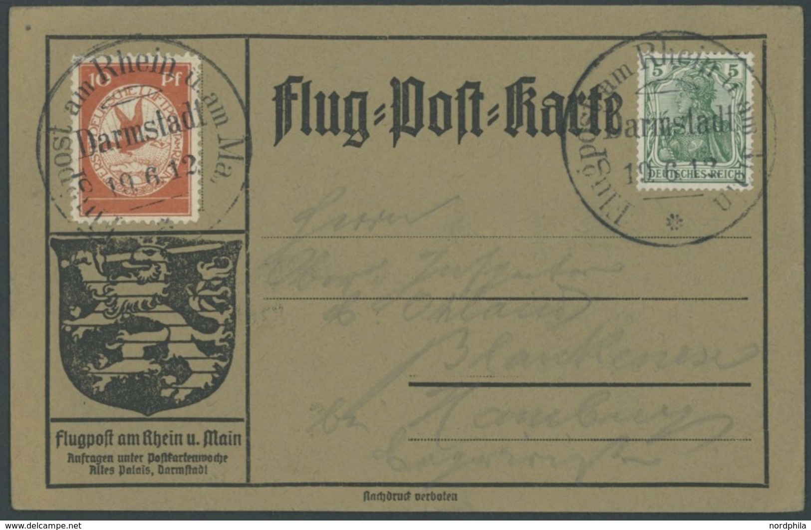 ZEPPELINPOST 10 BRIEF, 1912, 10 Pf. Flp. Am Rhein Und Main Auf Flugpostkarte Mit 5 Pf. Zusatzfrankatur, Sonderstempel Da - Luchtpost & Zeppelin