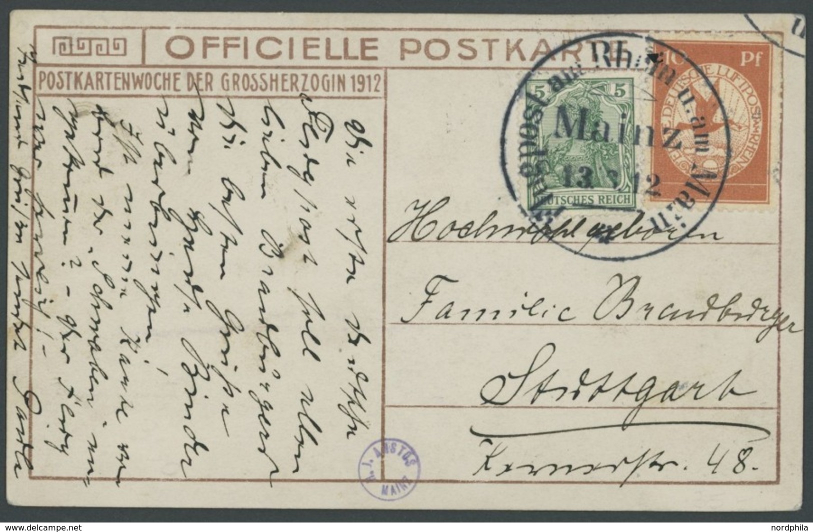 ZEPPELINPOST 10 BRIEF, 1912, 10 Pf. Flp. Am Rhein Und Main Auf Flugpostkarte (Herzogliche Familie/Bild Kopfstehend) Mit  - Airmail & Zeppelin