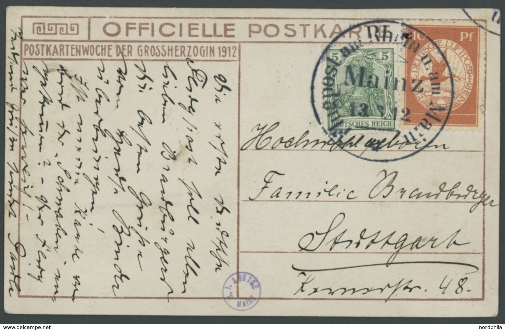 ZEPPELINPOST 10 BRIEF, 1912, 10 Pf. Flp. Am Rhein Und Main Auf Flugpostkarte (Herzogliche Familie/Bild Kopfstehend) Mit  - Luft- Und Zeppelinpost