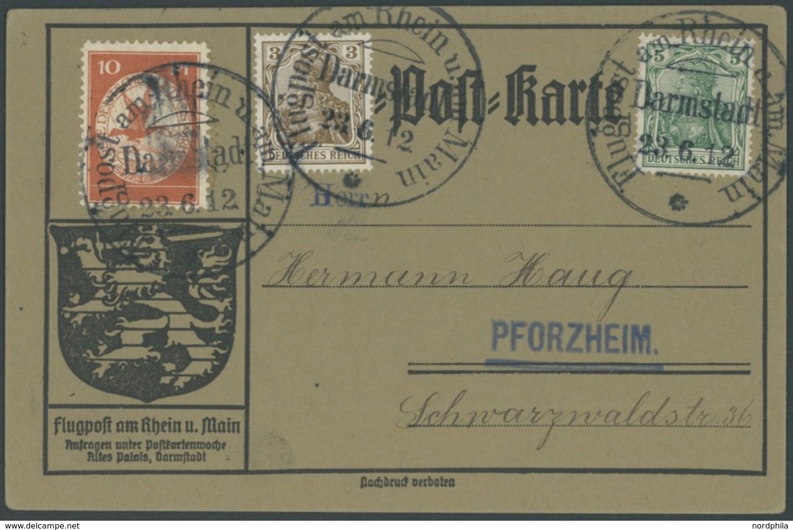 ZEPPELINPOST 10 BRIEF, 1912, 10 Pf. Flp. Am Rhein Und Main Auf Flugpostkarte Mit 3 Und 5 Pf. Zusatzfrankatur, Sonderstem - Airmail & Zeppelin