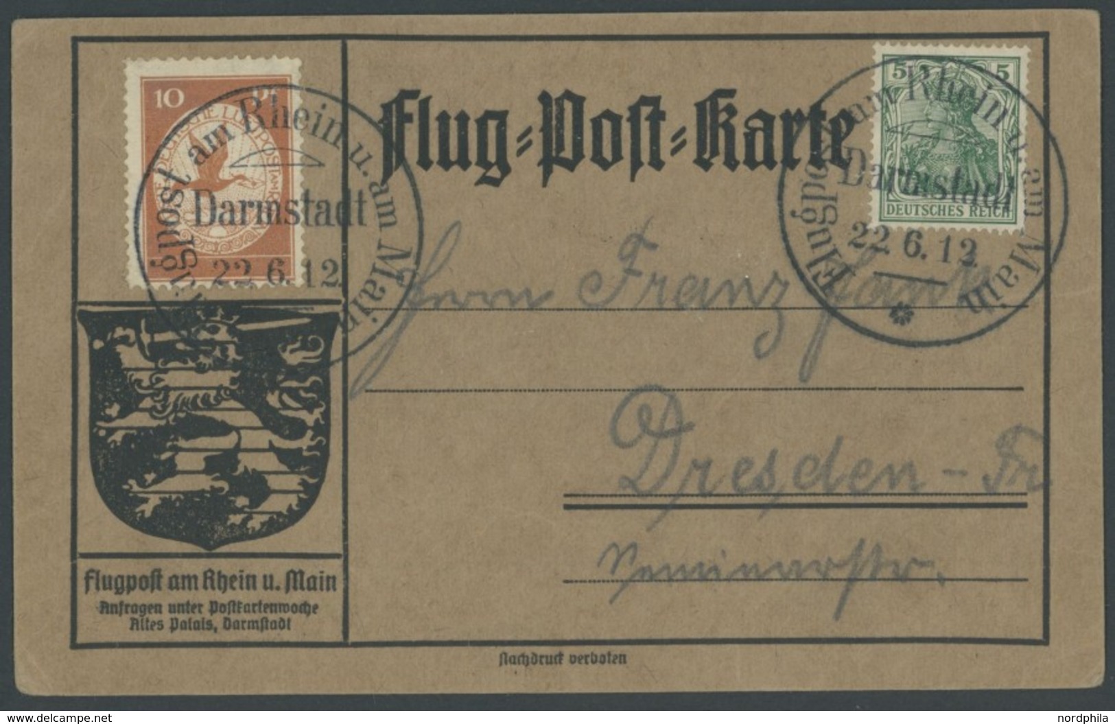 ZEPPELINPOST 10 BRIEF, 1912, 10 Pf. Flp. Am Rhein Und Main Auf Flugpostkarte Mit 5 Pf. Zusatzfrankatur, Sonderstempel Da - Airmail & Zeppelin