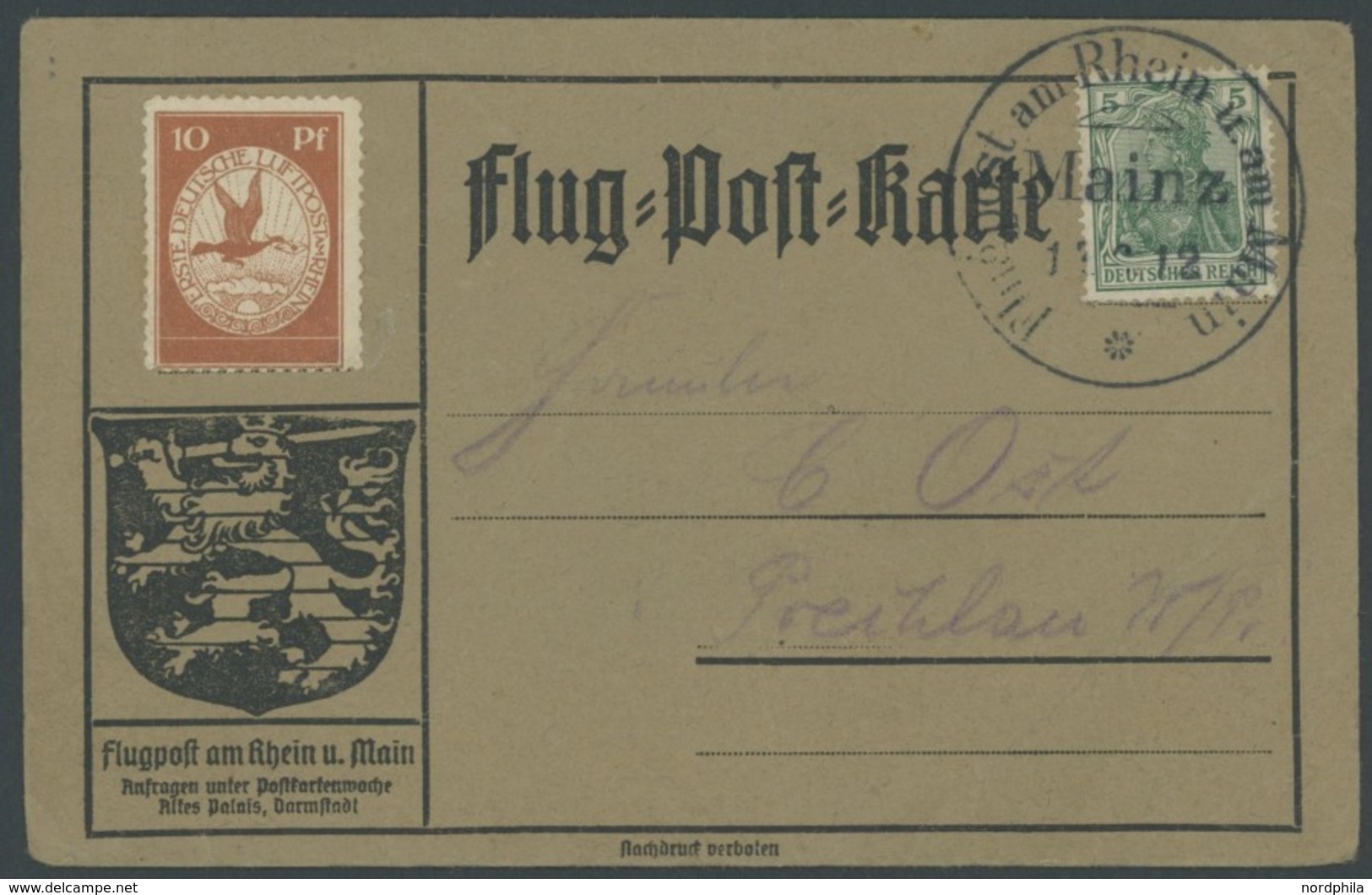 ZEPPELINPOST 10 BRIEF, 1912, 10 Pf. Flp. Am Rhein Und Main Auf Flugpostkarte Mit 5 Pf. Zusatzfrankatur, Sonderstempel Ma - Airmail & Zeppelin