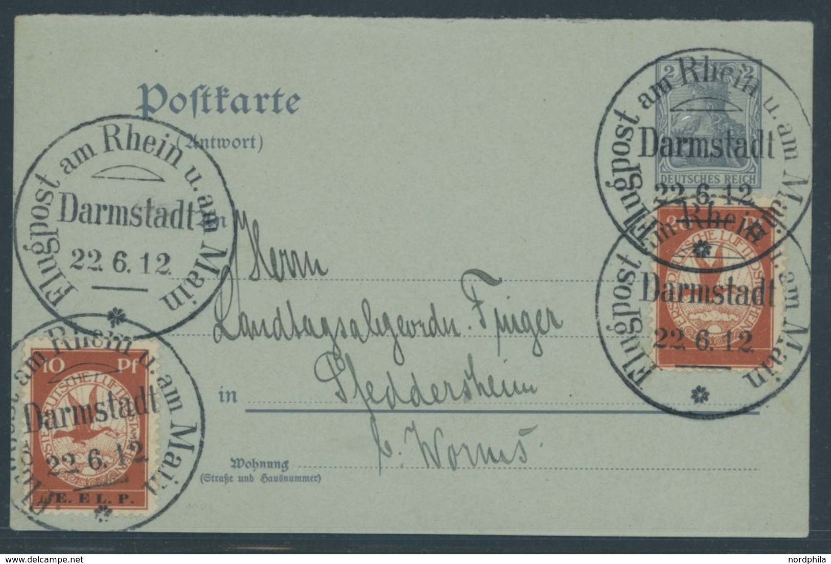 ZEPPELINPOST 11/14 BRIEF, 1912, 20 Pf. Flp. Am Rhein Und Main Und 10 Pf. E.EL.P. Auf 2 Pf. Ganzsachenkarte (P 60A), Sond - Airmail & Zeppelin